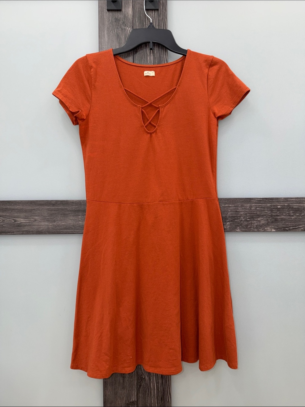 Hollister Rust Orange Short Sleeve Skater Dress with Lattice Neckline